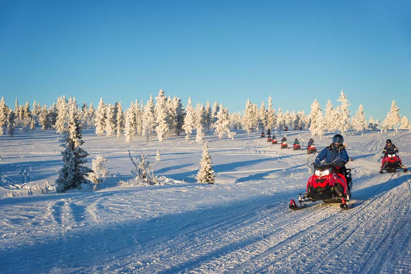 Group on snowmobilers on a trail