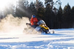 Snowmobiler racing across winter snow.