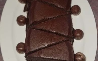 Sliced chocolate cake.